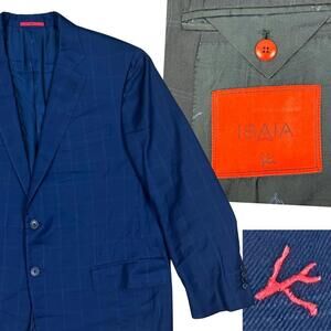 ISAIA Wool 2 Piece Suit Size 48R 38/27 Base Sanita 140'S Navy Windowpane Plaid